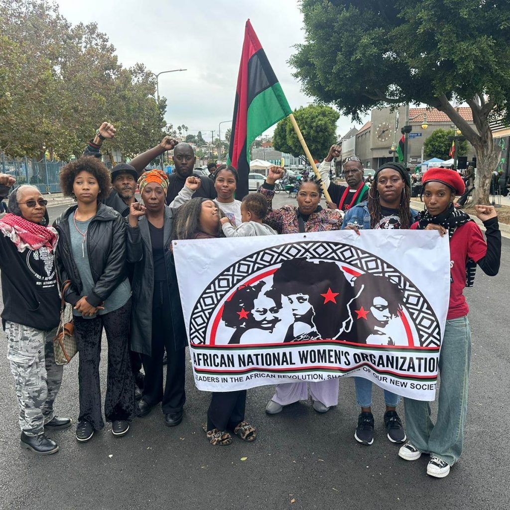 African people mostly women holding ANWO banner, fist raised holding RBG flag.