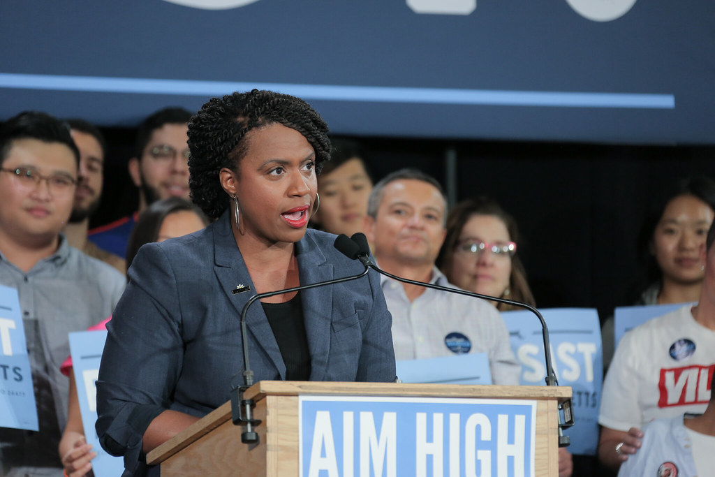 Ayanna Pressley campaigning at Unity Rally, "Aim High"